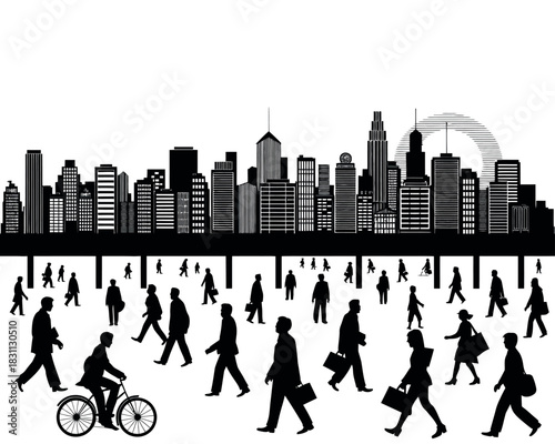 A silhouette of a bustling cityscape with many pedestrians walking beneath the buildings.