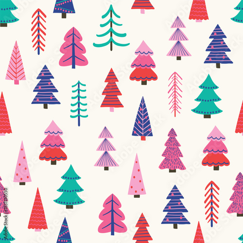 Christmas seamless pattern with cartoon trees. Wallpaper and wrapping paper design. Vector illustration