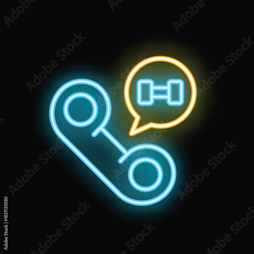 Neon glowing icon of a phone receiver with a dumbbell symbol in a speech bubble, perfect for representing fitness communication