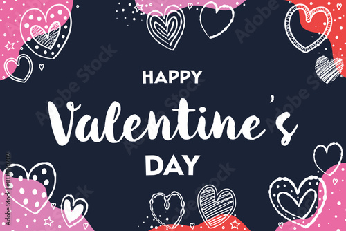 Cute Valentine’s Day greeting card with cartoon hearts. Background with hand drawn elements. Vector illustration