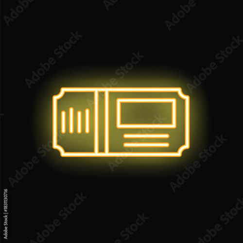 Bright yellow neon icon of a ticket glowing on a dark background