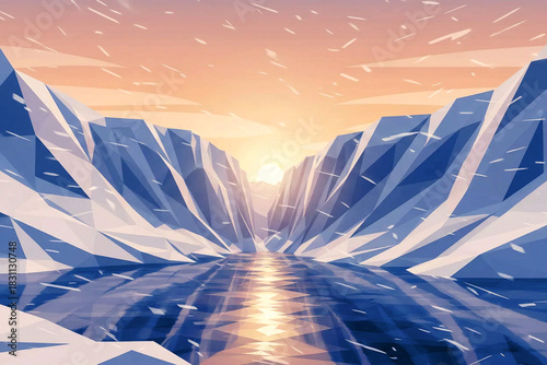 Low Poly Snow Mountains and Frozen Lake at Sunset | Abstract Winter Landscape Polygonal Illustration | Cold Nature Background