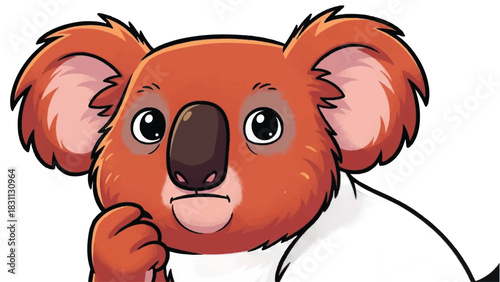 Cute cartoon koala bear pondering with thoughtful expression on face.