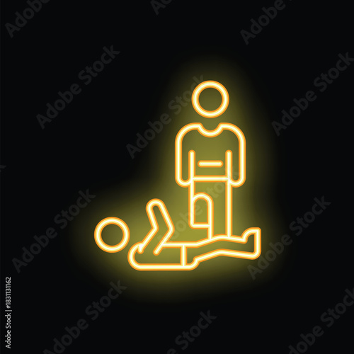 Yellow neon sign of one person standing on another person lying down on a black background