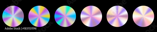Shiny iridescent swatch collection with hologram depth and silky gradient color shifts. Pearl metal tones, blue foil highlights and holographic sticker shapes. Iridescent swatch gradient.