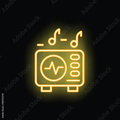 Yellow neon icon of an audio device playing music, featuring a soundwave visualization and music notes, set against a black background