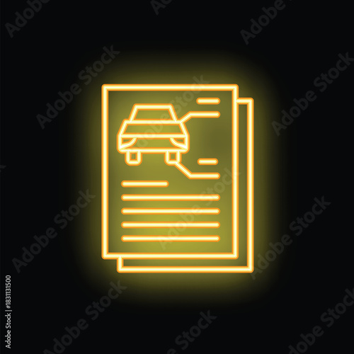 Glowing neon icon of car documents showing vehicle specifications, history, and important information