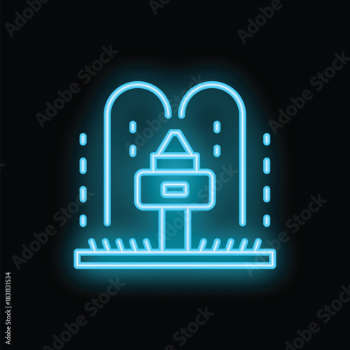 Bright blue neon icon of an irrigation system watering plants with a dark background