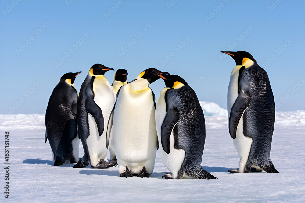 Obraz premium A group of Emperor Penguins standing on ice in Antarctica under a clear blue sky, illustrating polar wildlife in a cold environment.