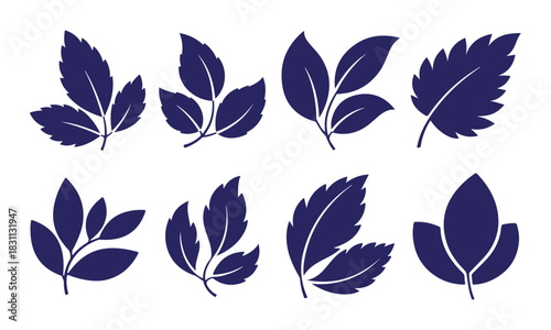 Set of eight dark blue stylized leaf icons and sprigs isolated on