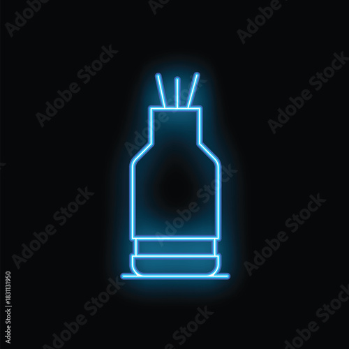 Blue neon sign of aromatic reed diffuser spreading aroma in stylish bottle on black background