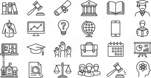 Collection of black and white line art icons representing education, law, and academic concepts 