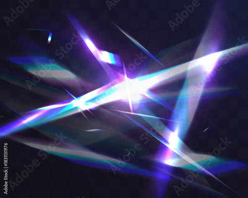 Crystal light leak with iridescent prism streaks, neon rainbow glare and holographic reflections. Shimmering crystal shards and radiant lens flares create a vibrant futuristic abstract overlay.