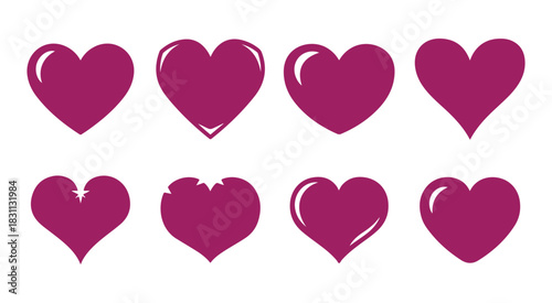 Set of eight different magenta heart shape icons isolated on