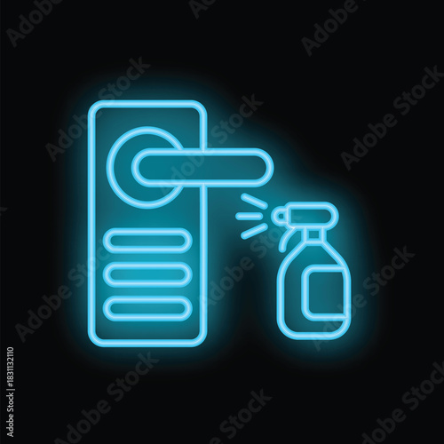 Bright glowing blue neon icon of a spray bottle sanitizing a door handle, promoting hygiene and cleanliness