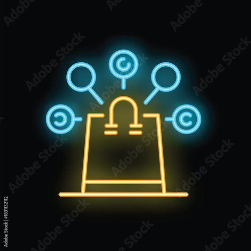 Neon glowing shopping bag with copyright symbols, representing the concept of protecting digital products and online content