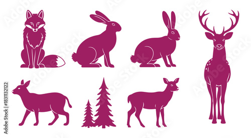 Set of magenta silhouette icons depicting forest animal and tree shapes isolated on