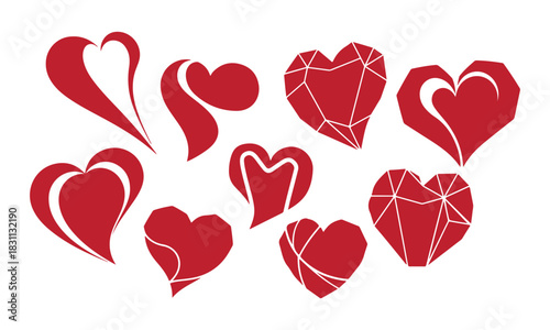 Collection of various red heart shapes and icons isolated on