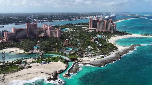 Atlantis Hotel In Nassau In New Providence Bahamas. Resort Landscape. Beach Scenery. Caribbean Sea. Atlantis Hotel In New Providence Bahamas. Nature Seascape.