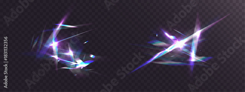 Crystal light leak with iridescent prism streaks, neon rainbow glare and holographic reflections. Shimmering crystal shards and radiant lens flares create a vibrant futuristic abstract overlay.