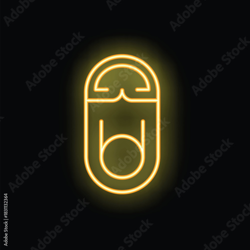 Bright yellow neon icon of an egyptian sarcophagus glowing on a black background