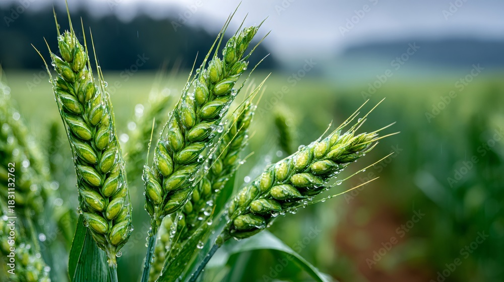 Obraz premium Green wheat growing in agricultural field with rain droplets