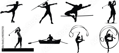 Collection of sports silhouettes ice skating javelin gymnastics golf and rowing