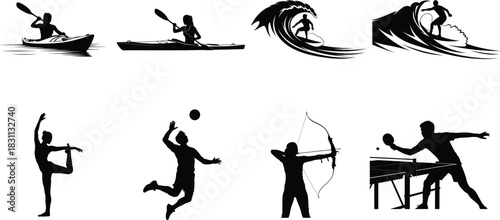 Collection of sport silhouettes kayaking surfing yoga volleyball and more