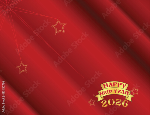 Happy New Year 2026 Background with Golden Ribbon on Royal Red Satin Fabric. 2026 luxury background design template. 