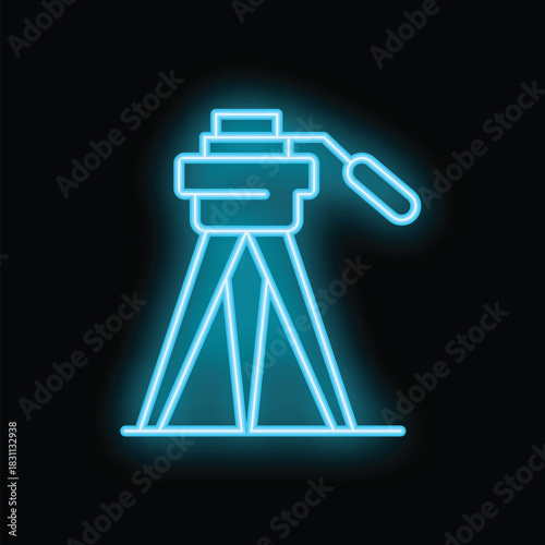 Neon blue icon of a camera tripod glowing on a black background