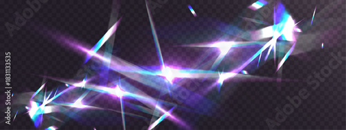 Crystal light leak with iridescent prism streaks, neon rainbow glare and holographic reflections. Shimmering crystal shards and radiant lens flares create a vibrant futuristic abstract overlay.