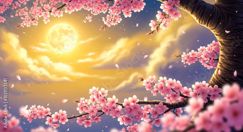 Radiant full moon shining in a dreamy, dusk sky with golden clouds, surrounded by vibrant blooming cherry blossoms and gentle falling petals on a tranquil spring evening.