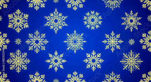 Gold snowflakes of varying intricate designs scattered across a vibrant blue background, creating a festive, seamless winter pattern reminiscent of holiday decor and wrapping paper.
