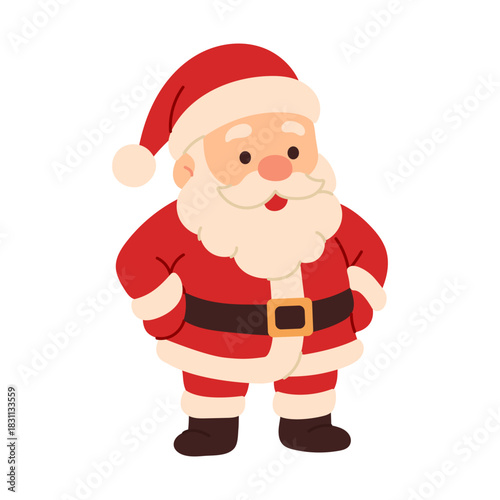 A cartoonish, smiling Santa Claus stands with his arms crossed, wearing a red suit and a red hat