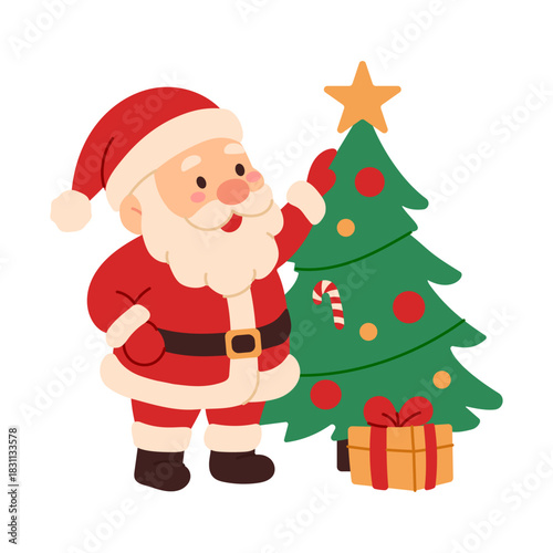 A cartoon image of Santa Claus standing in front of a Christmas tree. He is reaching for a star on top of the tree