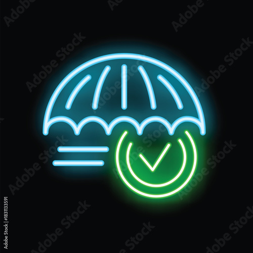 Bright neon icon of an umbrella protecting a check mark, representing the concept of insurance and protection