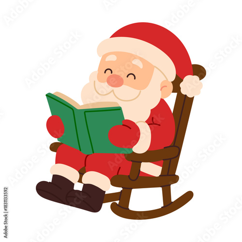 A image of Santa reading a book. Scene is cheerful and lighthearted