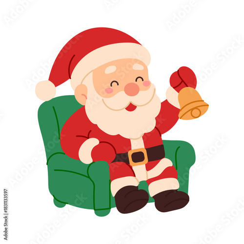 A cartoon of Santa Claus sitting in a green chair with a bell in his hand. The image has a cheerful and festive mood, as it is a representation of the holiday season