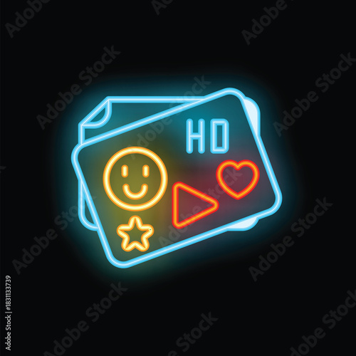 Neon sign of two tickets for watching movie in high definition quality with bonus content on dark background
