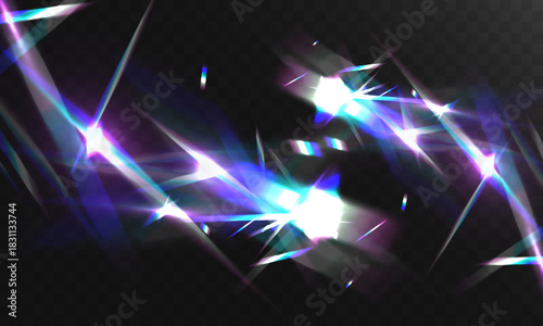 Crystal light leak with iridescent prism streaks, neon rainbow glare and holographic reflections. Shimmering crystal shards and radiant lens flares create a vibrant futuristic abstract overlay.