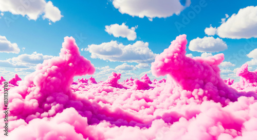 Vivid, dreamlike sky filled with fluffy, towering pink clouds against a bright blue backdrop, creating a whimsical and surreal candy-like atmosphere above a serene horizon