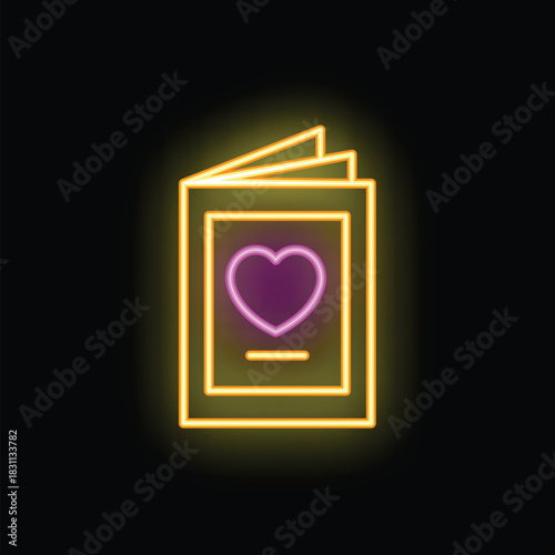 Neon love story book icon glowing with purple heart on dark background