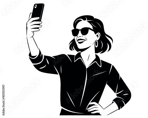 Stylish woman taking a selfie with a smartphone, embracing a modern moment