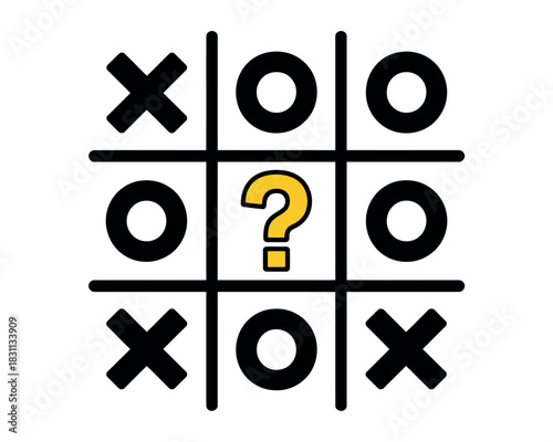 Strategic tic-tac-toe game with a question mark in the center, representing a decision or challenge.