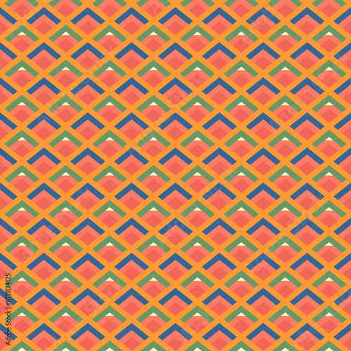 Geometric pattern with diamonds in blue, orange, green, yellow and gold