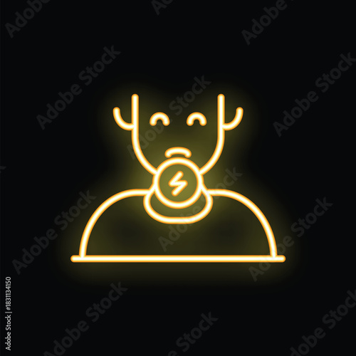 Yellow glowing neon icon of a man wearing a personal air purifier for clean breathing on a black background