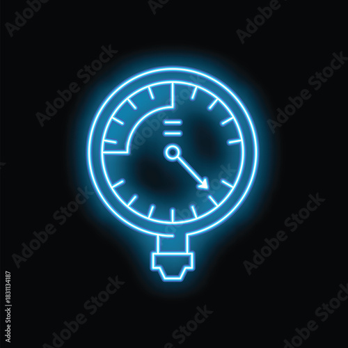 Glowing neon line pressure meter icon isolated on black background, concept of measurement, pressure gauge symbol