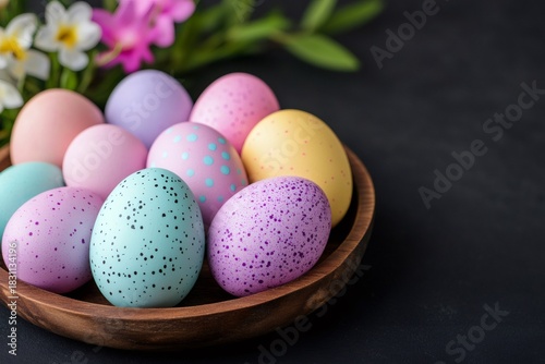 Colorful pastel easter eggs in wooden bowl