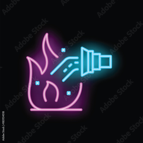 Neon icon of a fire hose extinguishing a fire, perfect for topics of firefighting or fire safety