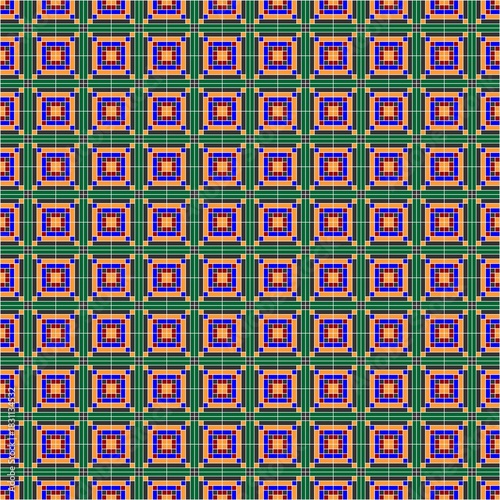 Checkered pattern in the colors blue,  ruby green, light orange, forest green and black